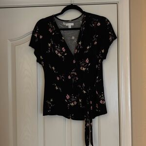 Women’s black floral top with tie